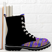 Load image into Gallery viewer, Golden Daisies Purple pattern : Black Boots, PU leather upper + Rubber sole - Free standard shipping
