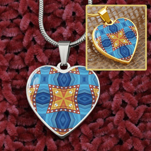 Byzantium Garden : Orange blue pattern, Heart charm necklace, Gold or Silver Plated  with chain necklace- In luxury packaging - Free standard shipping