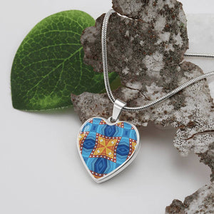 Byzantium Garden : Orange blue pattern, Heart charm necklace, Gold or Silver Plated  with chain necklace- In luxury packaging - Free standard shipping