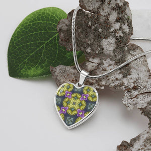 Byzantium Garden : Green Pattern Heart charm necklace, Gold or Silver Plated  with chain necklace- In luxury packaging - Free standard shipping