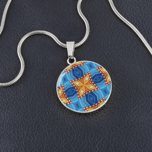 Byzantium Garden : Orange Blue pattern,  Round Charm, Gold or Silver Plated, with strong chain necklace   - In luxury packaging - Free standard