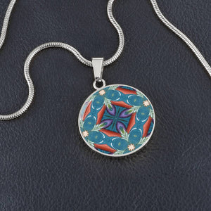 Byzantium Garden: Blue pattern, Round Charm, Gold or Silver Plated, with strong chain necklace   - In luxury packaging - Free standard shipping