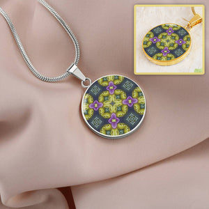 Byzantium Garden : Green pattern, Round Charm, Gold or Silver Plated, with strong chain necklace   - In luxury packaging - Free standard