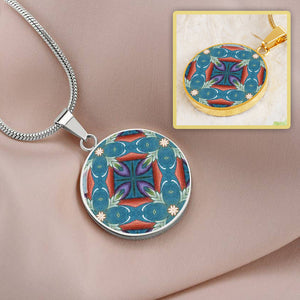 Byzantium Garden: Blue pattern, Round Charm, Gold or Silver Plated, with strong chain necklace   - In luxury packaging - Free standard shipping