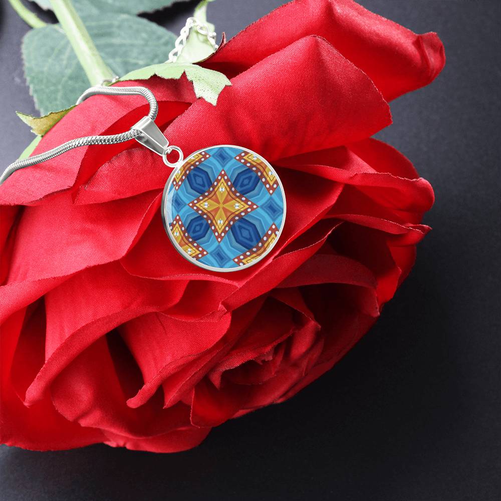 Byzantium Garden : Orange Blue pattern,  Round Charm, Gold or Silver Plated, with strong chain necklace   - In luxury packaging - Free standard