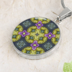 Byzantium Garden : Green pattern, Round Charm, Gold or Silver Plated, with strong chain necklace   - In luxury packaging - Free standard