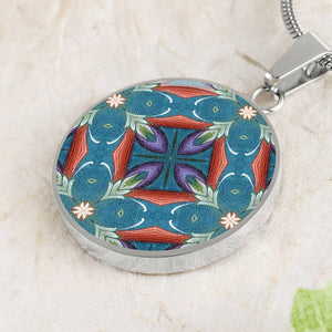 Byzantium Garden: Blue pattern, Round Charm, Gold or Silver Plated, with strong chain necklace   - In luxury packaging - Free standard shipping