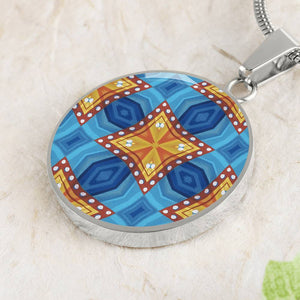Byzantium Garden : Orange Blue pattern,  Round Charm, Gold or Silver Plated, with strong chain necklace   - In luxury packaging - Free standard