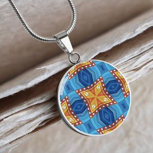 Byzantium Garden : Orange Blue pattern,  Round Charm, Gold or Silver Plated, with strong chain necklace   - In luxury packaging - Free standard