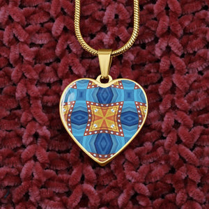 Byzantium Garden : Orange blue pattern, Heart charm necklace, Gold or Silver Plated  with chain necklace- In luxury packaging - Free standard shipping
