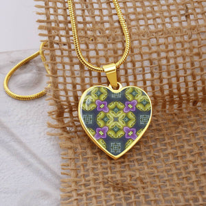 Byzantium Garden : Green Pattern Heart charm necklace, Gold or Silver Plated  with chain necklace- In luxury packaging - Free standard shipping