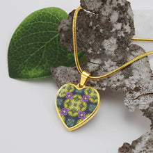 Load image into Gallery viewer, Byzantium Garden : Green Pattern Heart charm necklace, Gold or Silver Plated  with chain necklace- In luxury packaging - Free standard shipping
