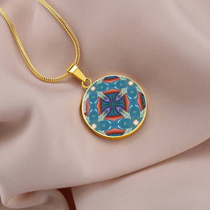 Byzantium Garden: Blue pattern, Round Charm, Gold or Silver Plated, with strong chain necklace   - In luxury packaging - Free standard shipping