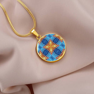 Byzantium Garden : Orange Blue pattern,  Round Charm, Gold or Silver Plated, with strong chain necklace   - In luxury packaging - Free standard