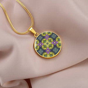 Byzantium Garden : Green pattern, Round Charm, Gold or Silver Plated, with strong chain necklace   - In luxury packaging - Free standard