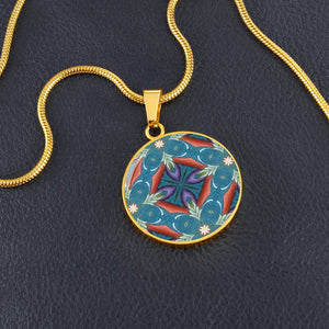 Byzantium Garden: Blue pattern, Round Charm, Gold or Silver Plated, with strong chain necklace   - In luxury packaging - Free standard shipping