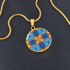 Byzantium Garden : Orange Blue pattern,  Round Charm, Gold or Silver Plated, with strong chain necklace   - In luxury packaging - Free standard