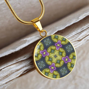 Byzantium Garden : Green pattern, Round Charm, Gold or Silver Plated, with strong chain necklace   - In luxury packaging - Free standard