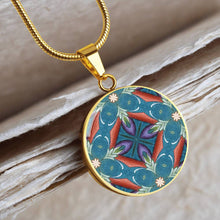 Load image into Gallery viewer, Byzantium Garden: Blue pattern, Round Charm, Gold or Silver Plated, with strong chain necklace   - In luxury packaging - Free standard shipping
