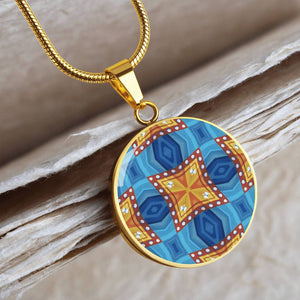 Byzantium Garden : Orange Blue pattern,  Round Charm, Gold or Silver Plated, with strong chain necklace   - In luxury packaging - Free standard