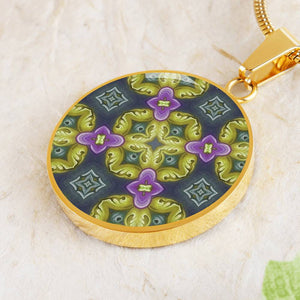 Byzantium Garden : Green pattern, Round Charm, Gold or Silver Plated, with strong chain necklace   - In luxury packaging - Free standard