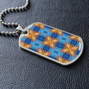 Byzantium Garden : Orange blue Pattern, Soldiers’ tag necklace, Gold or Silver Plated with chain - In luxury packaging - Free standard shipping
