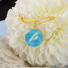 Load image into Gallery viewer, Angelic Feathers blue bg Round Charm Bracelet, Gold or Silver Plated  - In luxury packaging - Free standard shipping
