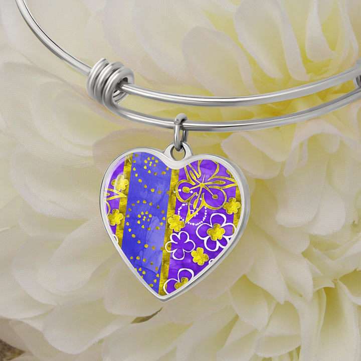 heart template-golden daisies purple Golden Daisies : Heart charm Bracelet, Gold or Silver Plated  - In luxury packaging - Free standard shipping