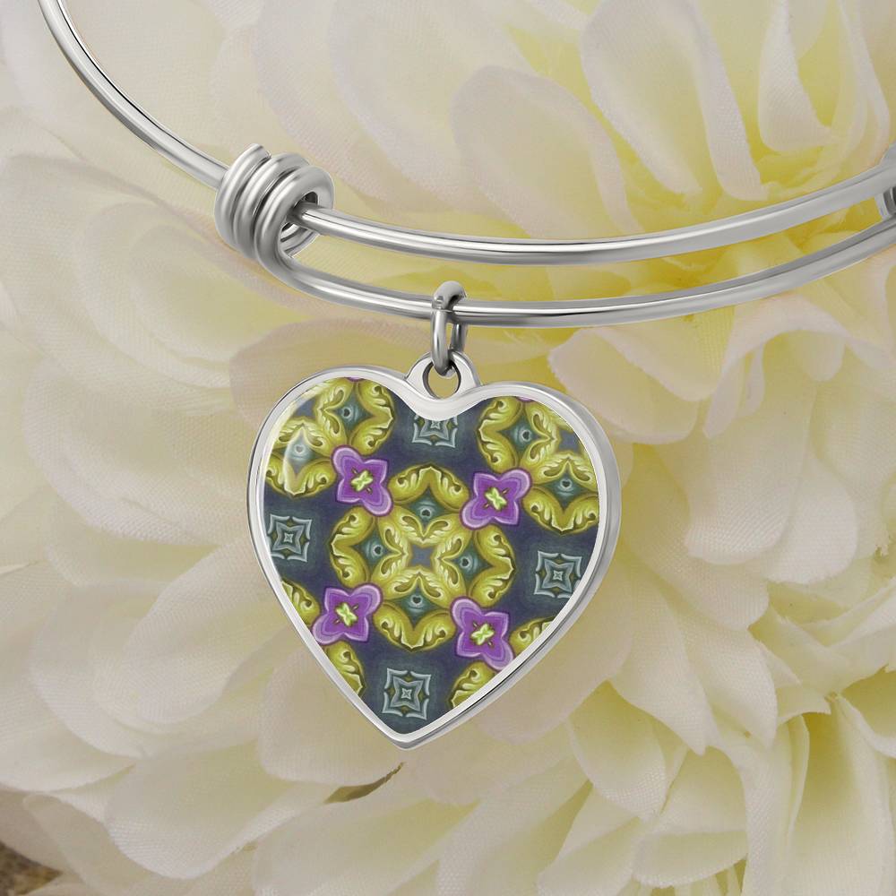 Byzantium Garden : Green pattern - Heart charm Bracelet, Gold or Silver Plated  - In luxury packaging - Free standard shipping