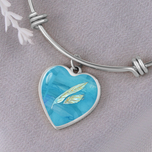 Load image into Gallery viewer, Angelic feathers Blue pattern Heart charm Bracelet, Gold or Silver Plated  - In luxury packaging - Free standard shipping
