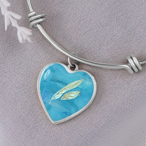 Angelic feathers Blue pattern Heart charm Bracelet, Gold or Silver Plated  - In luxury packaging - Free standard shipping