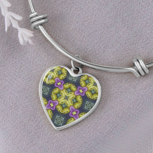 Byzantium Garden : Green pattern - Heart charm Bracelet, Gold or Silver Plated  - In luxury packaging - Free standard shipping