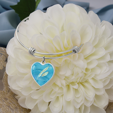 Load image into Gallery viewer, Angelic feathers Blue pattern Heart charm Bracelet, Gold or Silver Plated  - In luxury packaging - Free standard shipping
