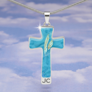 Angelic Feathers blue bg : Jewelry Cross Gold or Silver Plated Cross with chain necklace- In luxury packaging - Free standard shipping