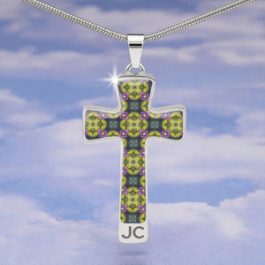 Byzantium Garden : Green pattern Jewelry Cross Gold or Silver Plated  Cross with chain necklace- In luxury packaging - Free standard shipping