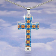 Load image into Gallery viewer, Byzantium Garden : Blue orange pattern Jewelry Cross Gold or Silver Plated  Cross with chain necklace- In luxury packaging - Free standard shipping
