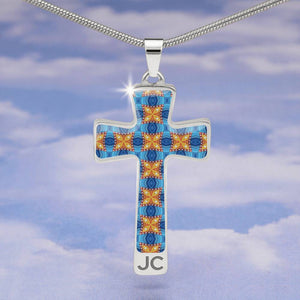 Byzantium Garden : Blue orange pattern Jewelry Cross Gold or Silver Plated  Cross with chain necklace- In luxury packaging - Free standard shipping