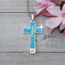 Load image into Gallery viewer, Angelic Feathers blue bg : Jewelry Cross Gold or Silver Plated Cross with chain necklace- In luxury packaging - Free standard shipping
