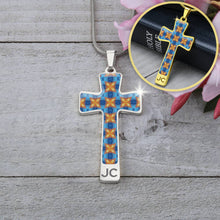 Load image into Gallery viewer, Byzantium Garden : Blue orange pattern Jewelry Cross Gold or Silver Plated  Cross with chain necklace- In luxury packaging - Free standard shipping
