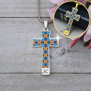 Byzantium Garden : Blue orange pattern Jewelry Cross Gold or Silver Plated  Cross with chain necklace- In luxury packaging - Free standard shipping