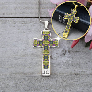 Byzantium Garden : Green pattern Jewelry Cross Gold or Silver Plated  Cross with chain necklace- In luxury packaging - Free standard shipping
