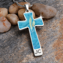Load image into Gallery viewer, Angelic Feathers blue bg : Jewelry Cross Gold or Silver Plated Cross with chain necklace- In luxury packaging - Free standard shipping
