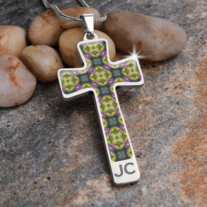 Byzantium Garden : Green pattern Jewelry Cross Gold or Silver Plated  Cross with chain necklace- In luxury packaging - Free standard shipping