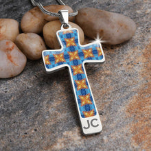Load image into Gallery viewer, Byzantium Garden : Blue orange pattern Jewelry Cross Gold or Silver Plated  Cross with chain necklace- In luxury packaging - Free standard shipping
