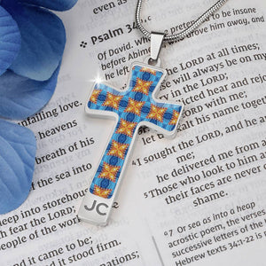 Byzantium Garden : Blue orange pattern Jewelry Cross Gold or Silver Plated  Cross with chain necklace- In luxury packaging - Free standard shipping