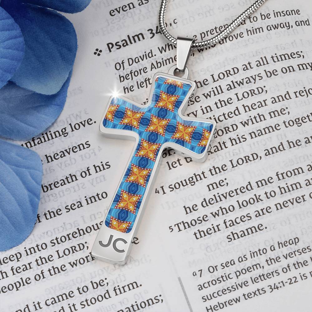 Byzantium Garden : Blue orange pattern Jewelry Cross Gold or Silver Plated  Cross with chain necklace- In luxury packaging - Free standard shipping