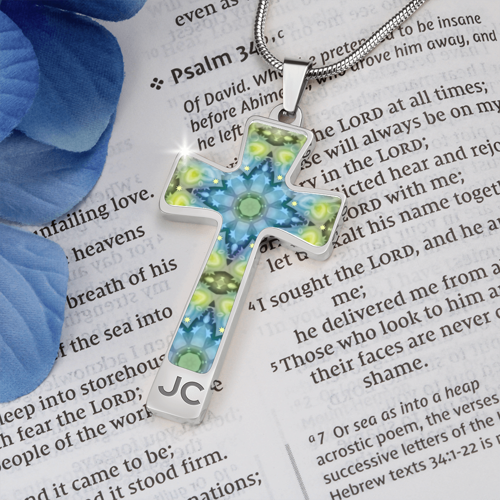 Magic Stardust Green pattern : Jewelry Cross Gold or Silver Plated Cross with chain necklace- In luxury packaging - Free standard shipping