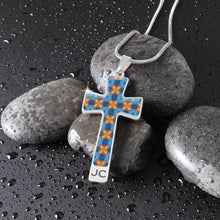 Load image into Gallery viewer, Byzantium Garden : Blue orange pattern Jewelry Cross Gold or Silver Plated  Cross with chain necklace- In luxury packaging - Free standard shipping
