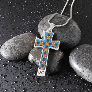 Byzantium Garden : Blue orange pattern Jewelry Cross Gold or Silver Plated  Cross with chain necklace- In luxury packaging - Free standard shipping