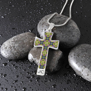 Byzantium Garden : Green pattern Jewelry Cross Gold or Silver Plated  Cross with chain necklace- In luxury packaging - Free standard shipping